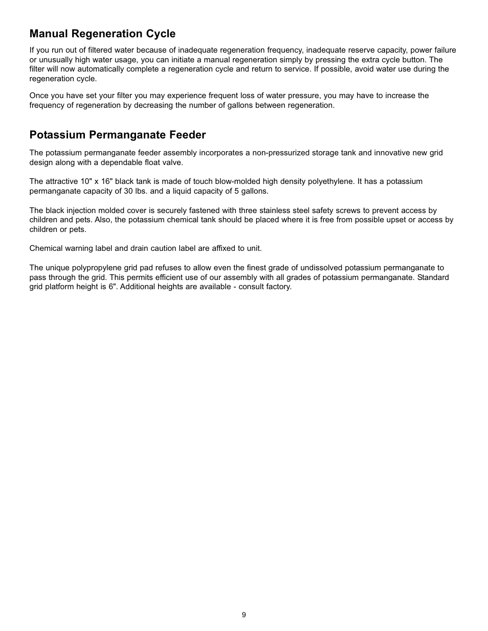 Manual regeneration cycle, Potassium permanganate feeder | Hydrotech 5600 SXT Valve Iron & Sulfur Filter Operation Manual User Manual | Page 11 / 16