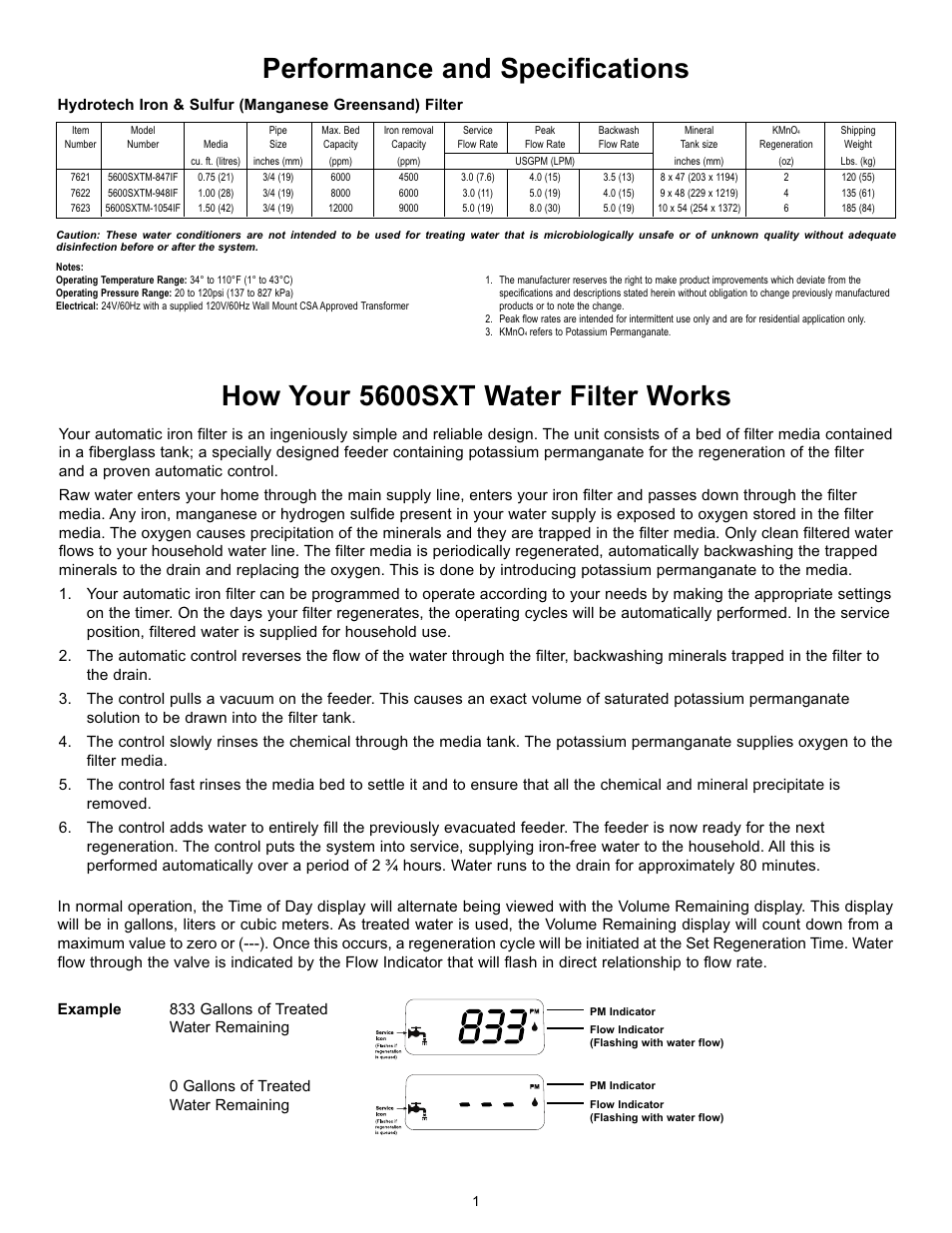 How your 5600sxt water filter works, Performance and specifications | Hydrotech 5600 SXT Valve Iron & Sulfur Filter Operation Manual User Manual | Page 3 / 16