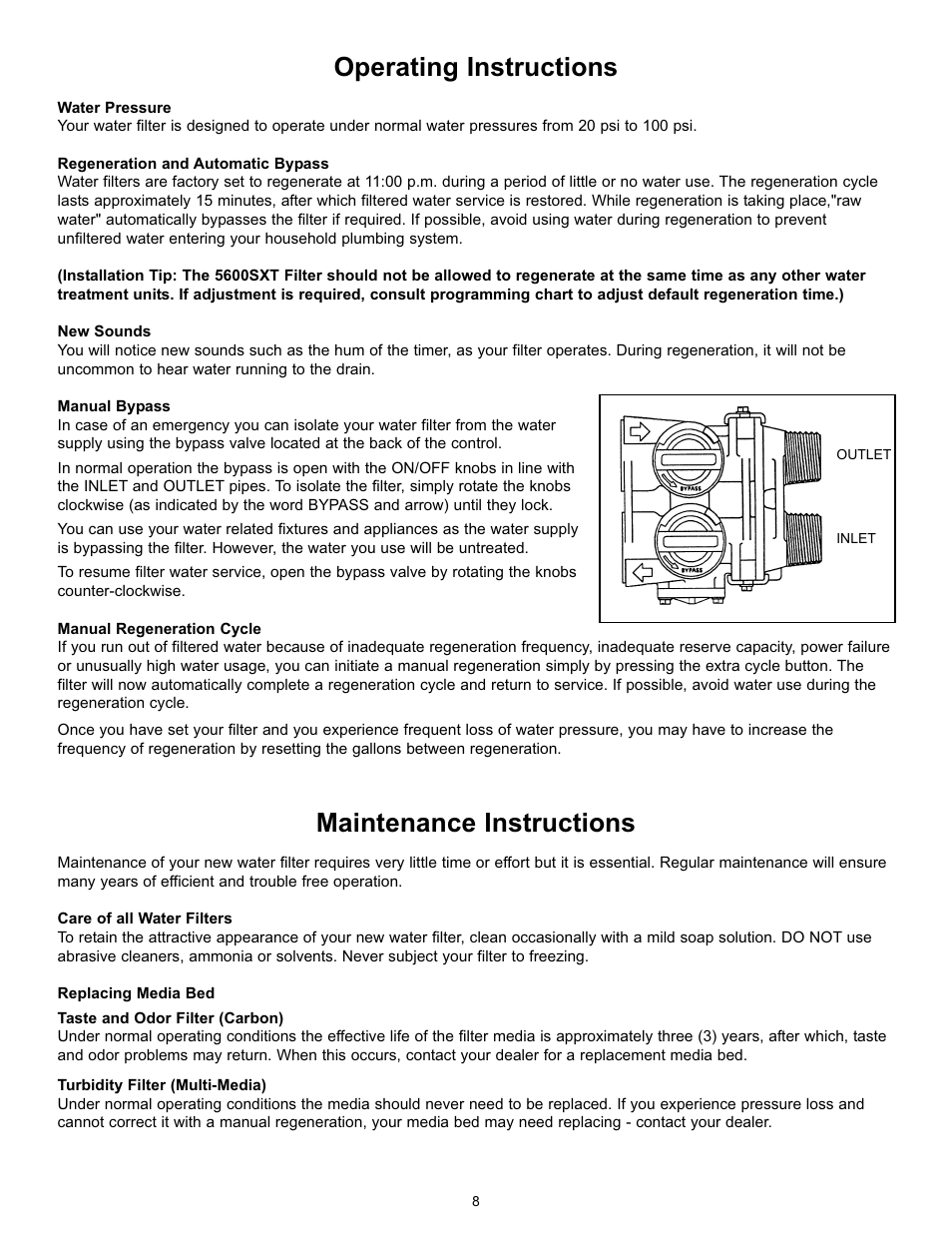 Operating instructions, Maintenance instructions | Hydrotech 5600 SXT Valve Carbon & Multi-Media Filter Operation Manual User Manual | Page 10 / 12