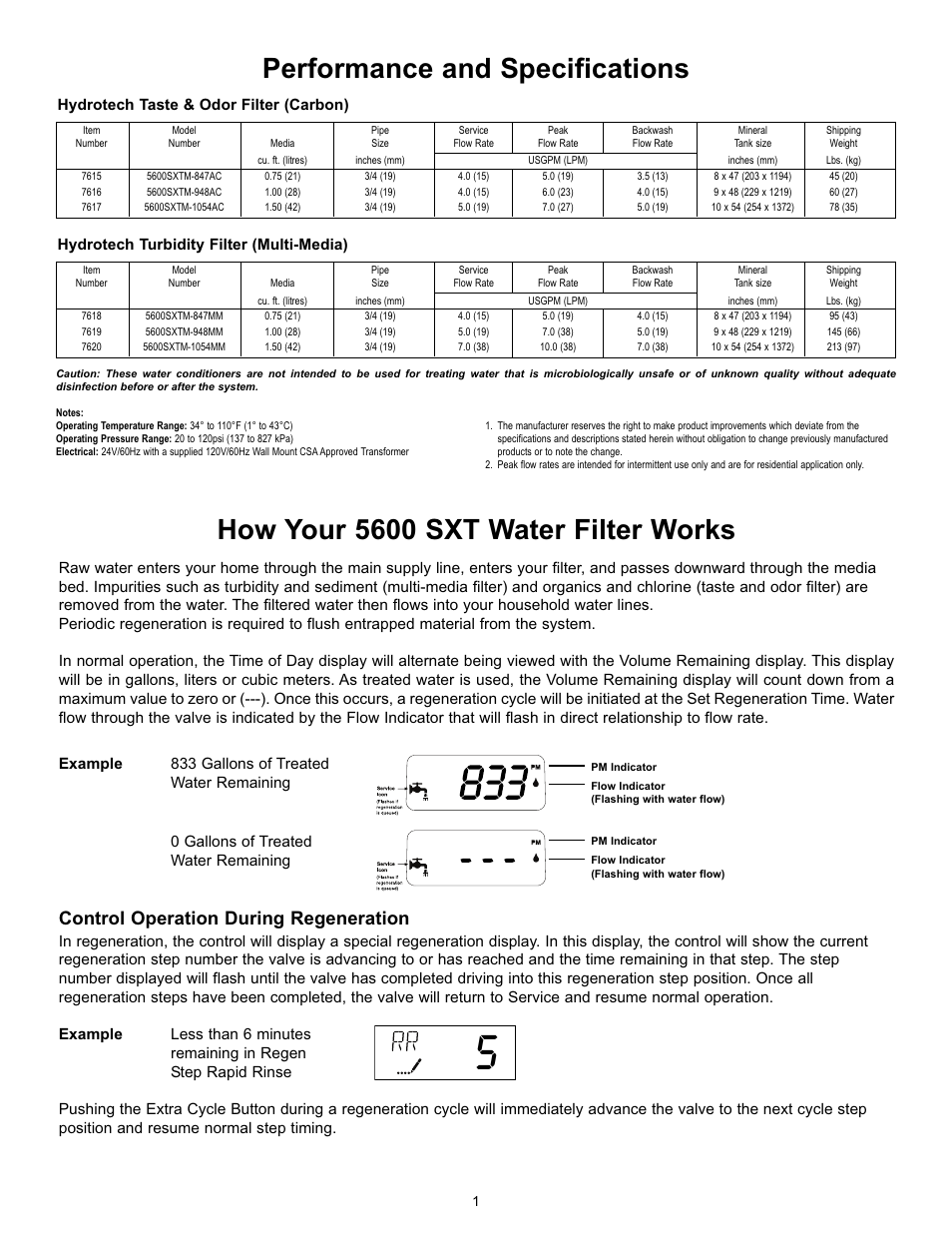 How your 5600 sxt water filter works, Performance and specifications, Control operation during regeneration | Hydrotech taste & odor filter (carbon), Hydrotech turbidity filter (multi-media) | Hydrotech 5600 SXT Valve Carbon & Multi-Media Filter Operation Manual User Manual | Page 3 / 12