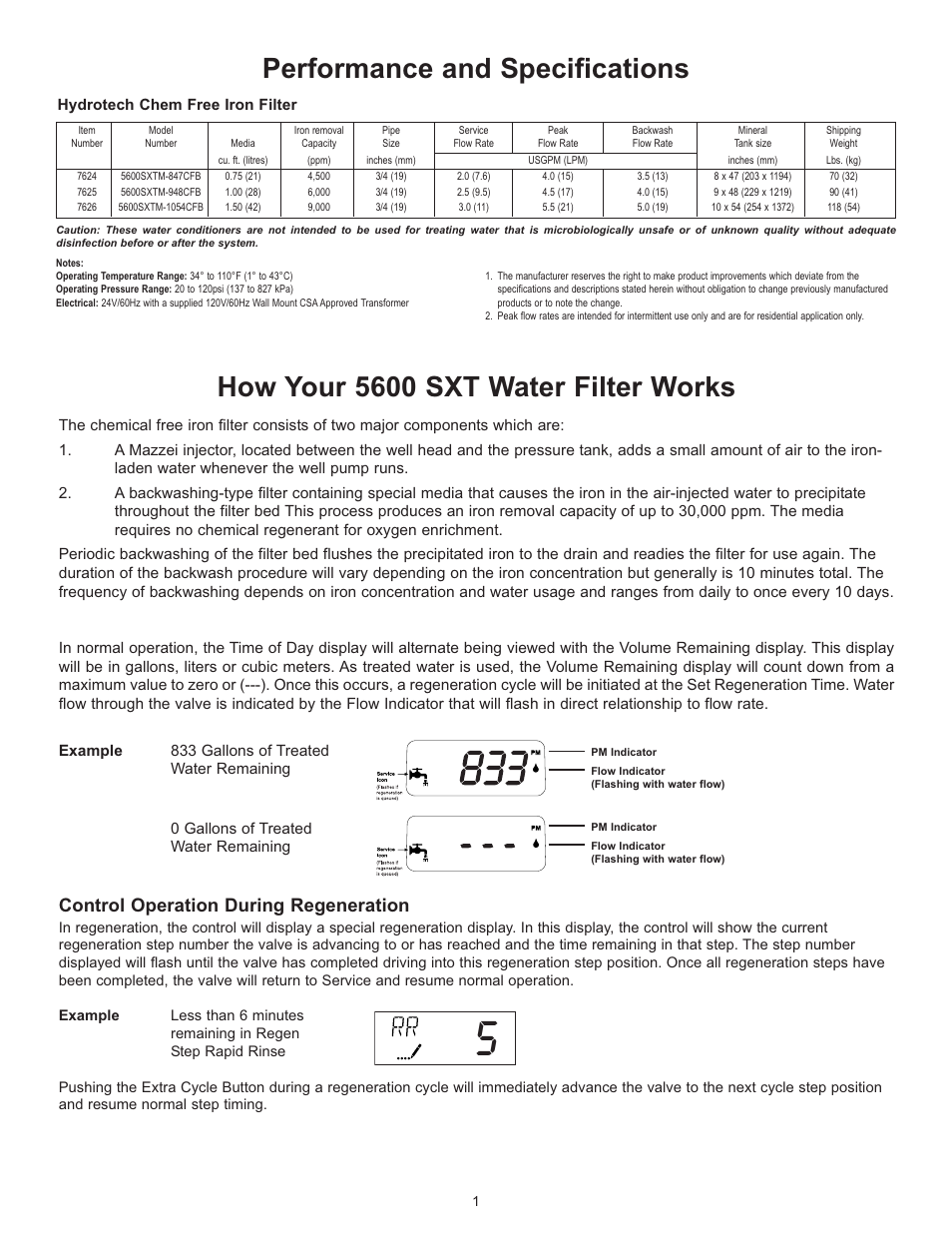 How your 5600 sxt water filter works, Performance and specifications, Control operation during regeneration | Hydrotech 5600 SXT Valve Chem Free Iron Filter Operation Manual User Manual | Page 3 / 18