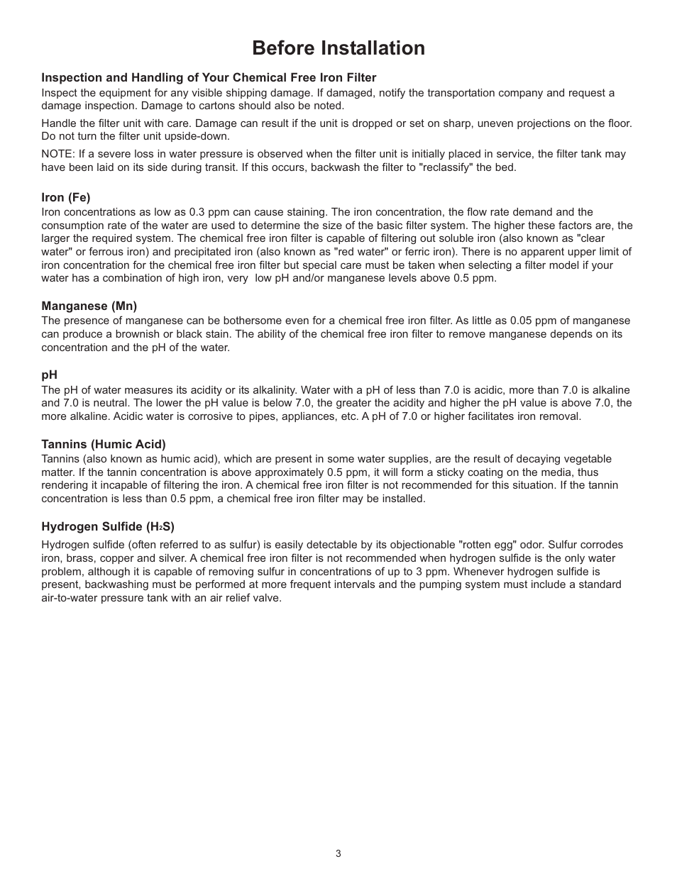 Before installation | Hydrotech 5600 SXT Valve Chem Free Iron Filter Operation Manual User Manual | Page 5 / 18