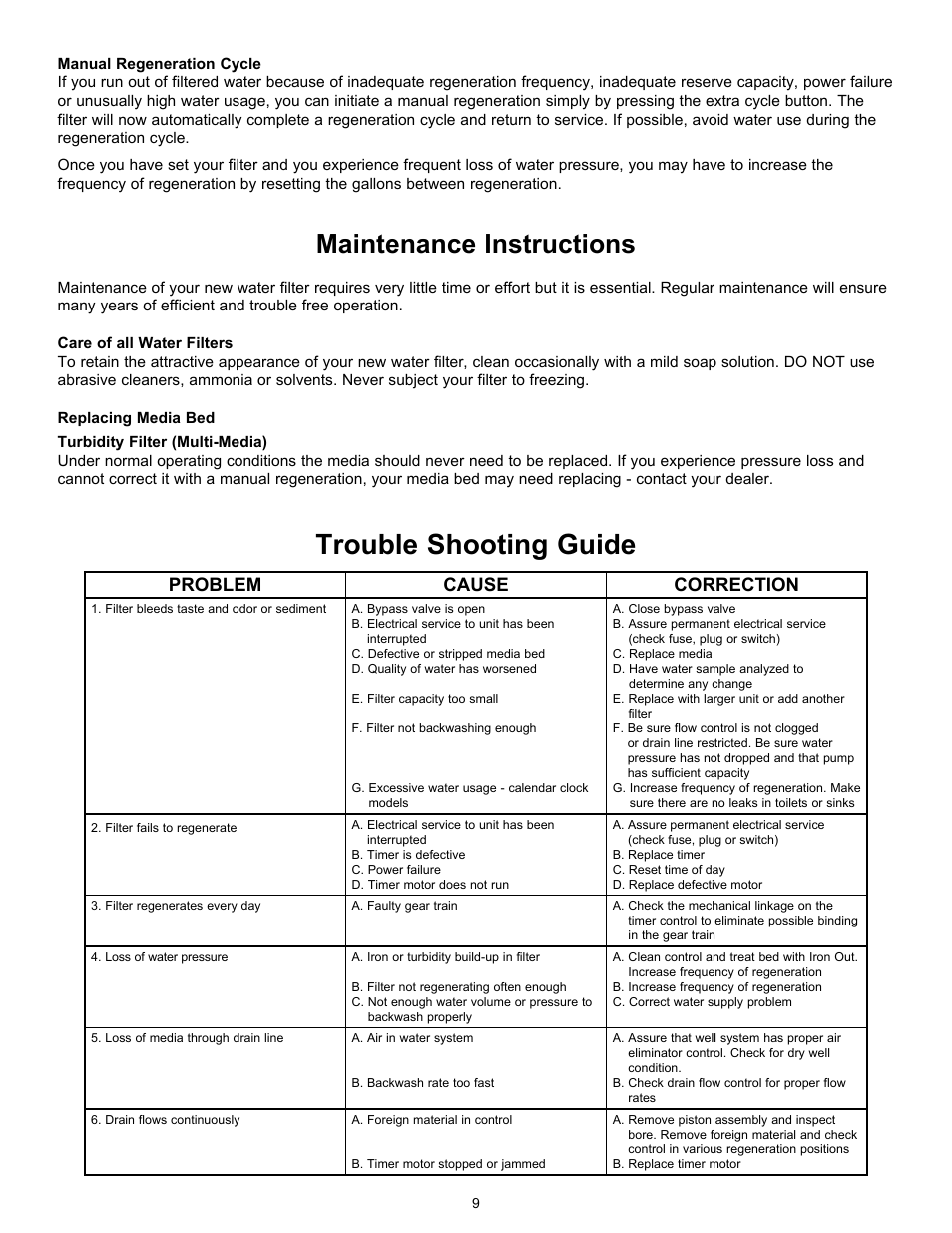 Trouble shooting guide, Maintenance instructions, Problem cause correction | Hydrotech 7000 SXT Valve nextSand Turbidity & Sediment Filter Operation Manual User Manual | Page 11 / 12