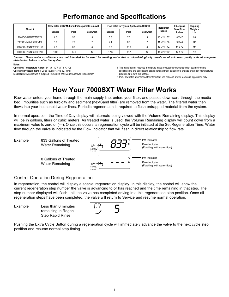 How your 7000sxt water filter works, Performance and specifications, Control operation during regeneration | Hydrotech 7000 SXT Valve nextSand Turbidity & Sediment Filter Operation Manual User Manual | Page 3 / 12
