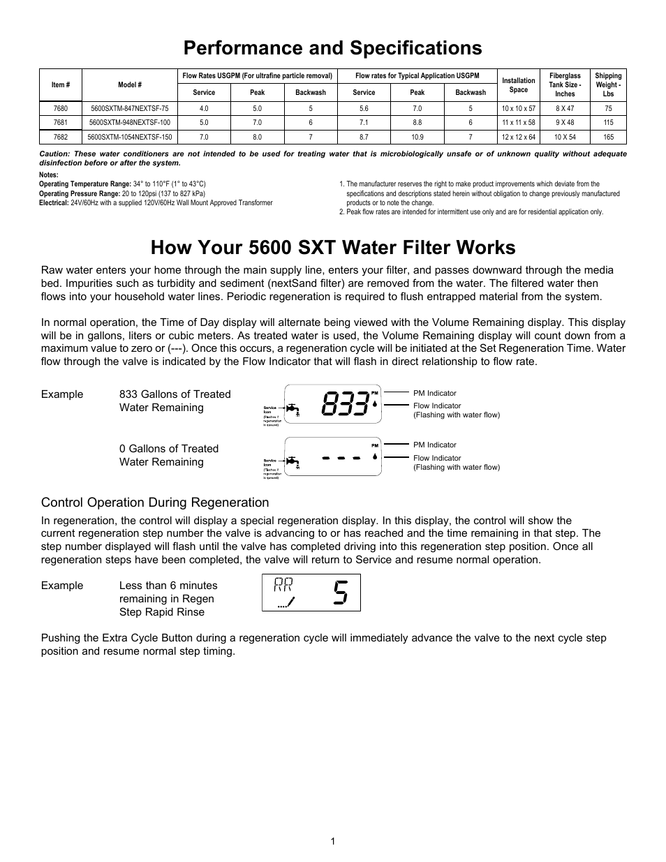 How your 5600 sxt water filter works, Performance and specifications, Control operation during regeneration | Hydrotech 5600 SXT Valve nextSand Turbidity & Sediment Filter Operation Manual User Manual | Page 3 / 12