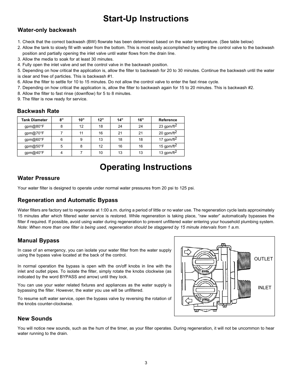 Operating instructions, Start-up instructions, Water pressure | Regeneration and automatic bypass, Manual bypass, New sounds, Water-only backwash, Backwash rate | Hydrotech 2510 Valve nextSand Turbidity & Sediment Filter Operation Manual User Manual | Page 4 / 8