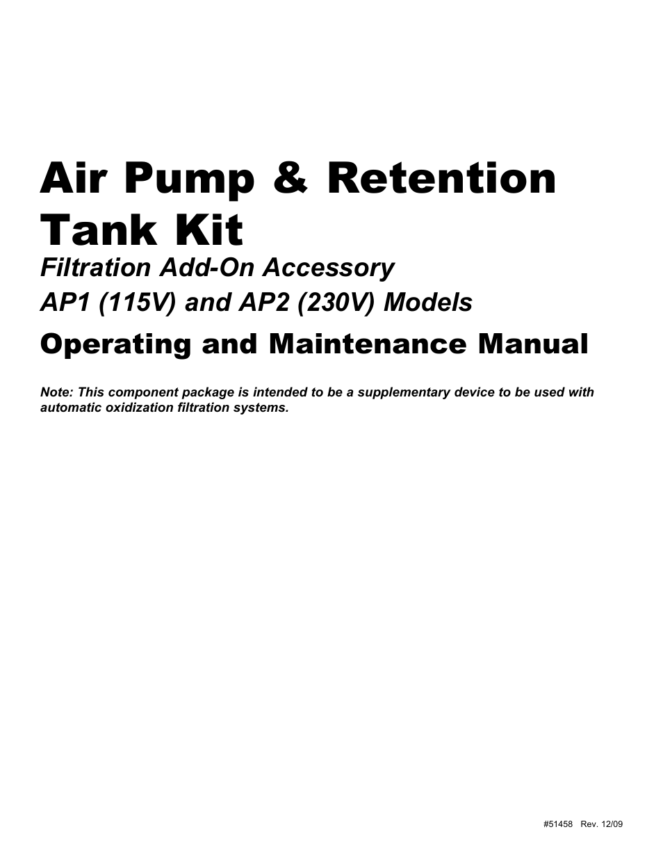 Hydrotech AP1 (115V) Air Pump & Retention Tank Kit User Manual | 8 pages