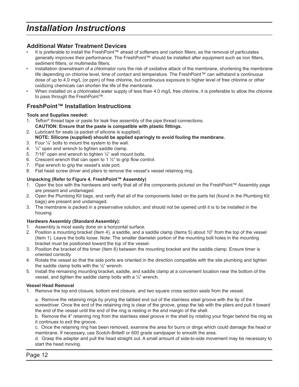 Installation instructions, Page 12, Additional water treatment devices | Freshpoint™ installation instructions | Hydrotech FreshPoint U440 Ultrafiltration System User Manual | Page 12 / 36