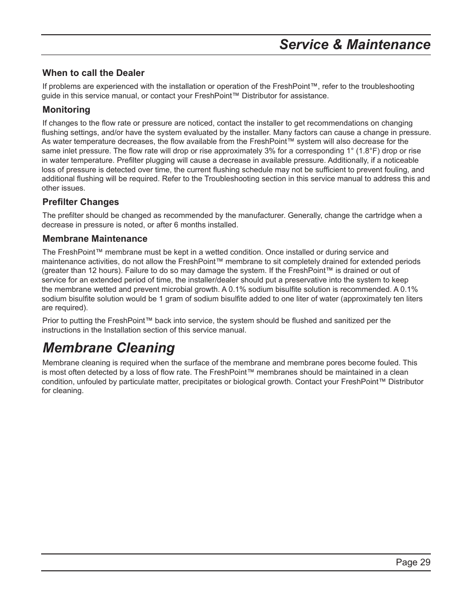 Service & maintenance, Membrane cleaning | Hydrotech FreshPoint U440 Ultrafiltration System User Manual | Page 29 / 36