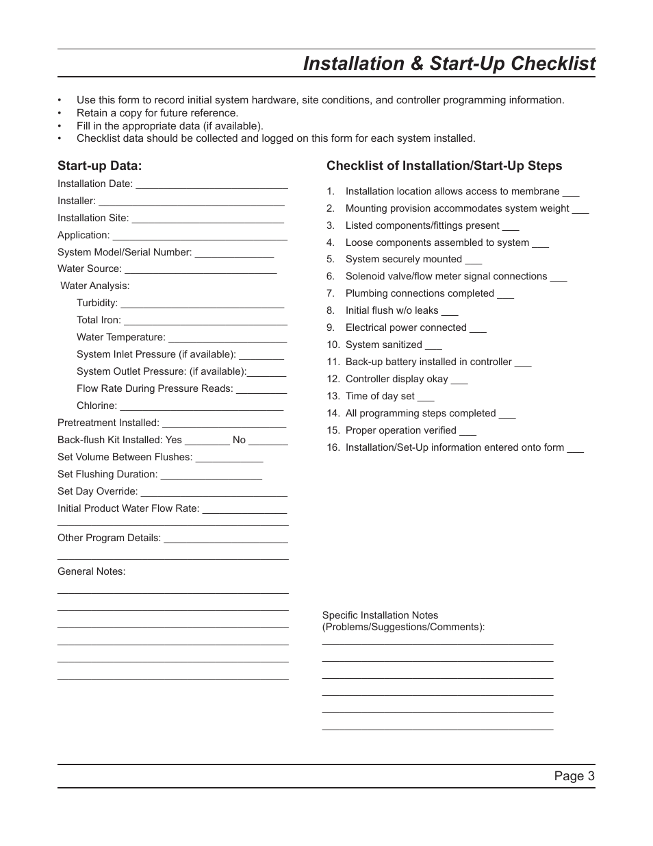 Installation & start-up checklist | Hydrotech FreshPoint U440 Ultrafiltration System User Manual | Page 3 / 36