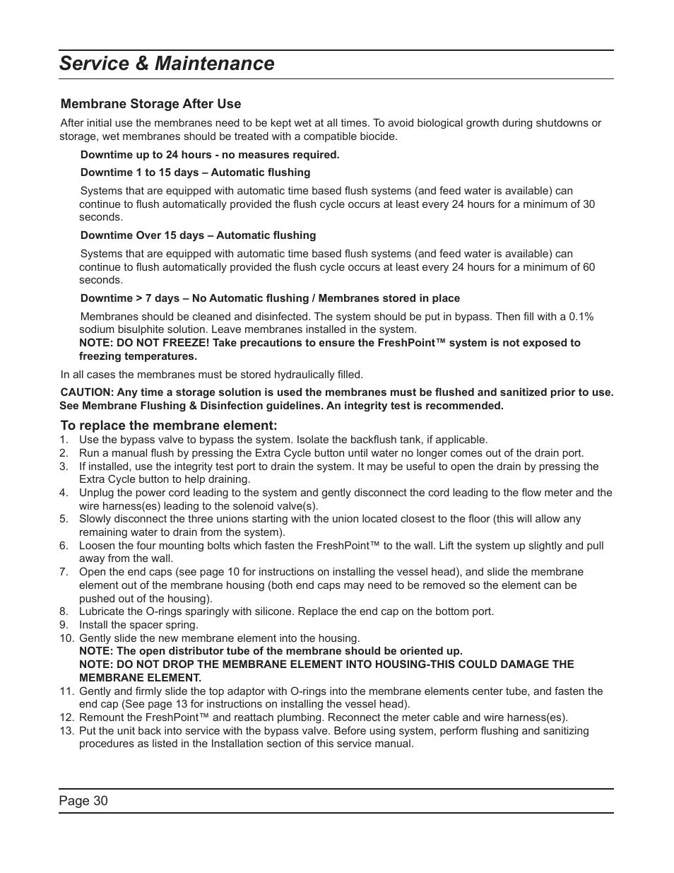 Service & maintenance | Hydrotech FreshPoint U440 Ultrafiltration System User Manual | Page 30 / 36
