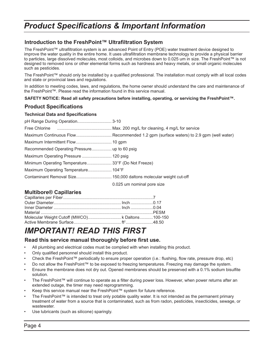 Product specifications & important information, Important! read this first | Hydrotech FreshPoint U440 Ultrafiltration System User Manual | Page 4 / 36