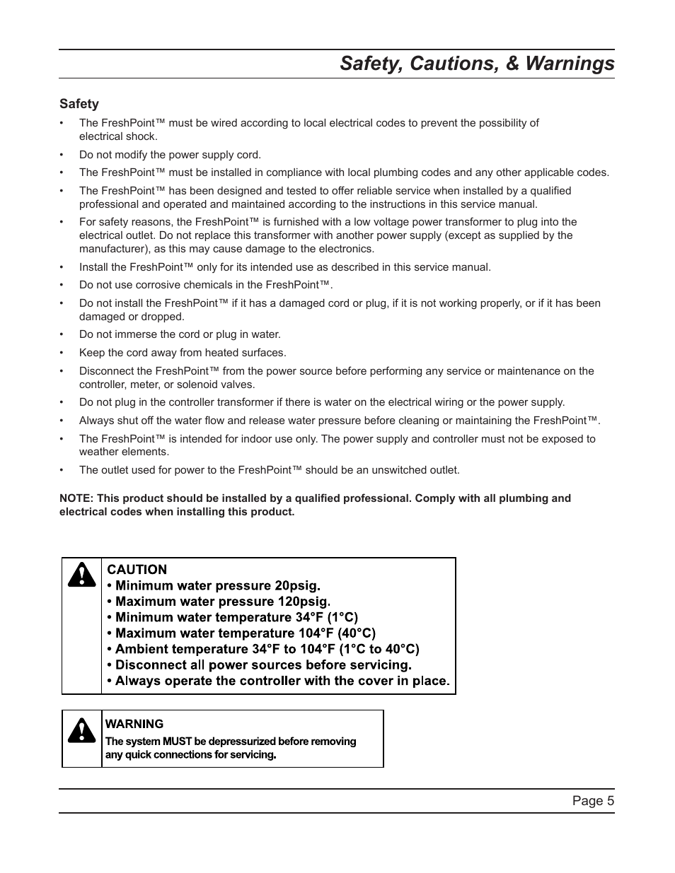 Safety, cautions, & warnings | Hydrotech FreshPoint U440 Ultrafiltration System User Manual | Page 5 / 36