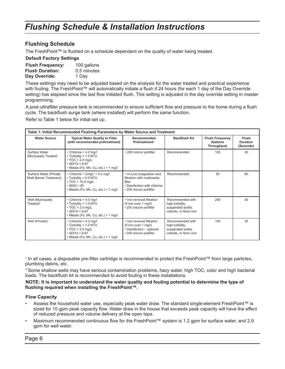 Flushing schedule & installation instructions, Page 6, Flushing schedule | Hydrotech FreshPoint U440 Ultrafiltration System User Manual | Page 6 / 36