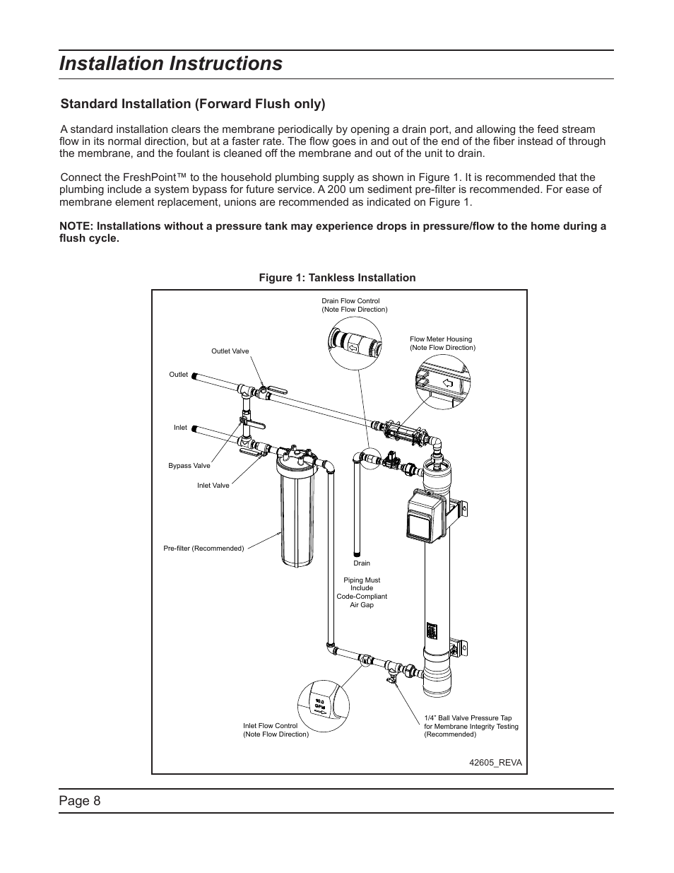 Installation instructions, Page 8 standard installation (forward flush only) | Hydrotech FreshPoint U440 Ultrafiltration System User Manual | Page 8 / 36