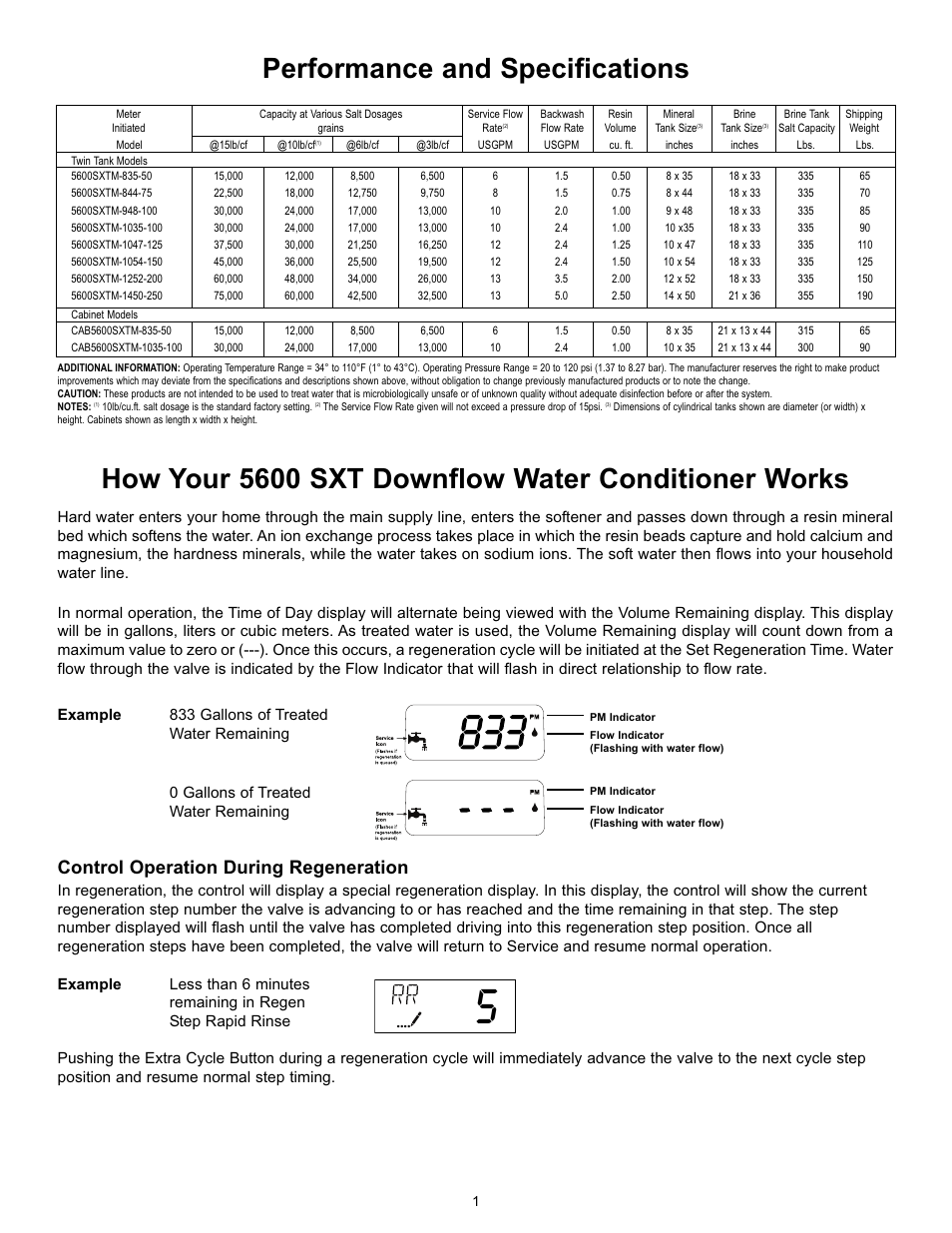 Performance and specifications, How your 5600 sxt downflow water conditioner works, Control operation during regeneration | Hydrotech 5600 SXT Valve Downflow Automatic Water Softeners Operation Manual User Manual | Page 2 / 12
