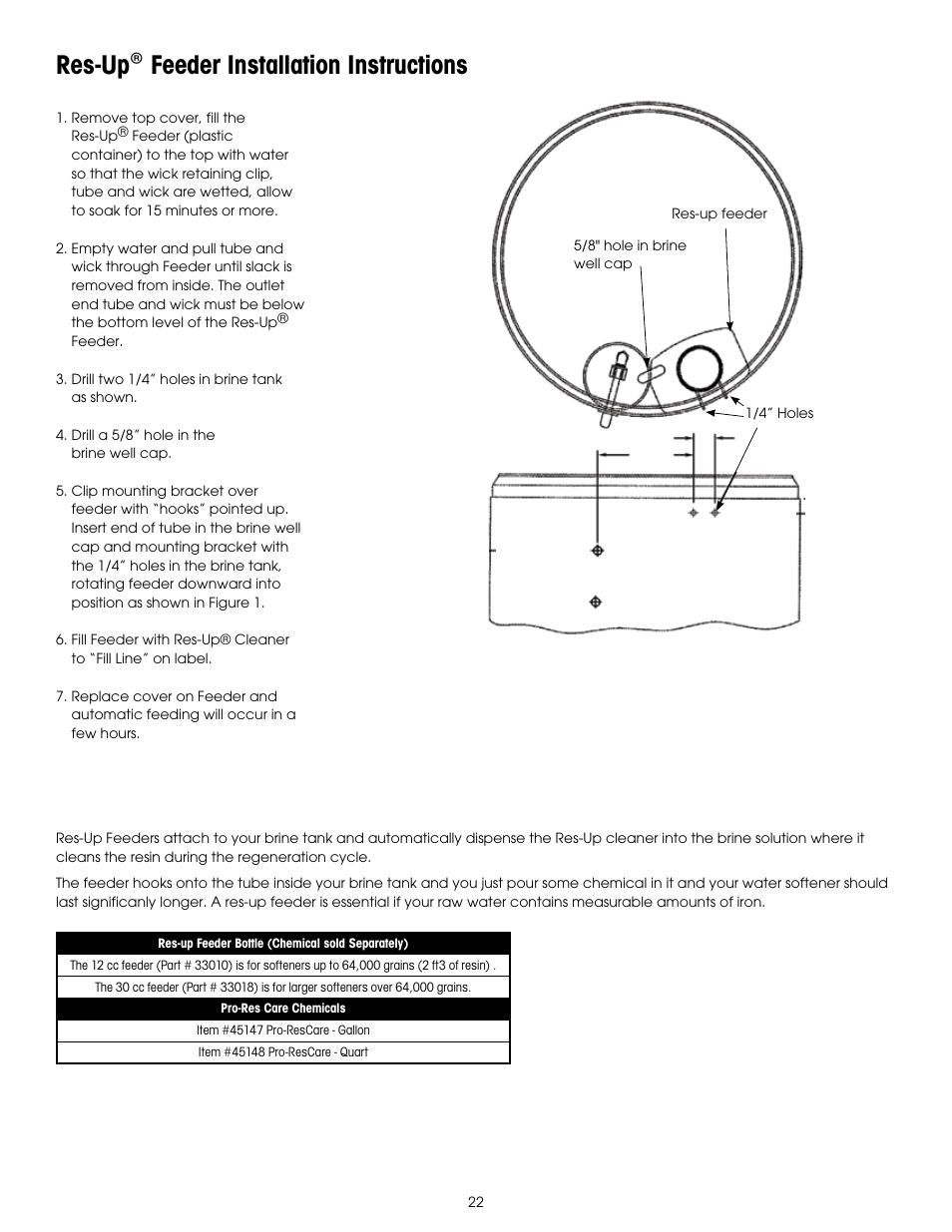Res-up® feeder installation instructions | Hydrotech 6200 SXT Automatic Meter Initiated Water Softener User Manual | Page 23 / 44