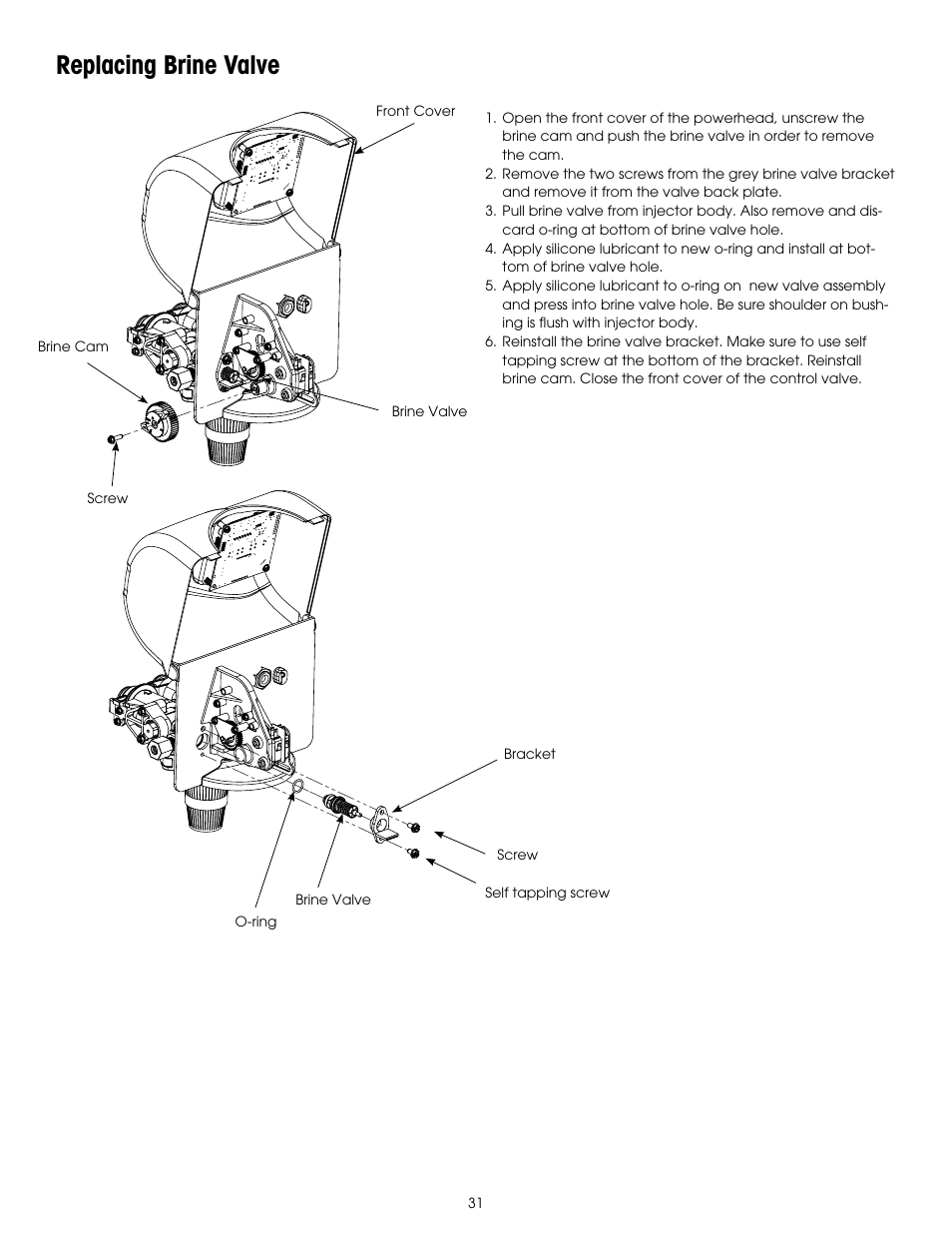 Replacing brine valve | Hydrotech 6200 SXT Automatic Meter Initiated Water Softener User Manual | Page 32 / 44