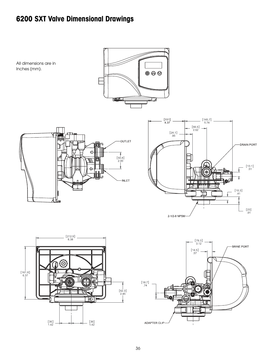 6200 sxt valve dimensional drawings | Hydrotech 6200 SXT Automatic Meter Initiated Water Softener User Manual | Page 37 / 44