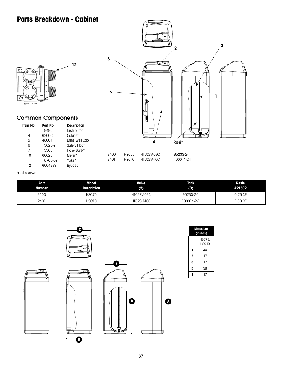 Parts breakdown - cabinet | Hydrotech 6200 SXT Automatic Meter Initiated Water Softener User Manual | Page 38 / 44