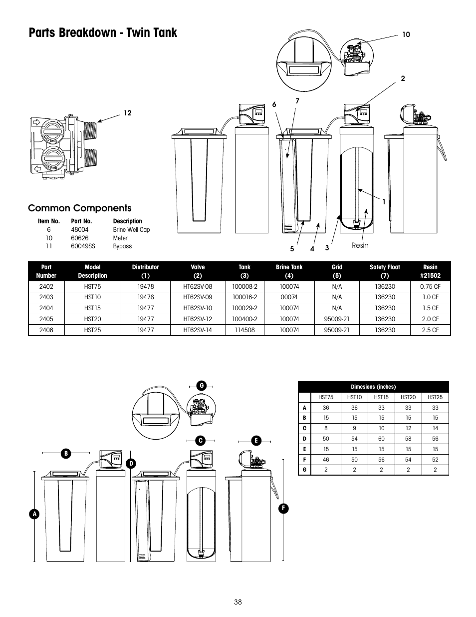 Parts breakdown - twin tank, Common components | Hydrotech 6200 SXT Automatic Meter Initiated Water Softener User Manual | Page 39 / 44