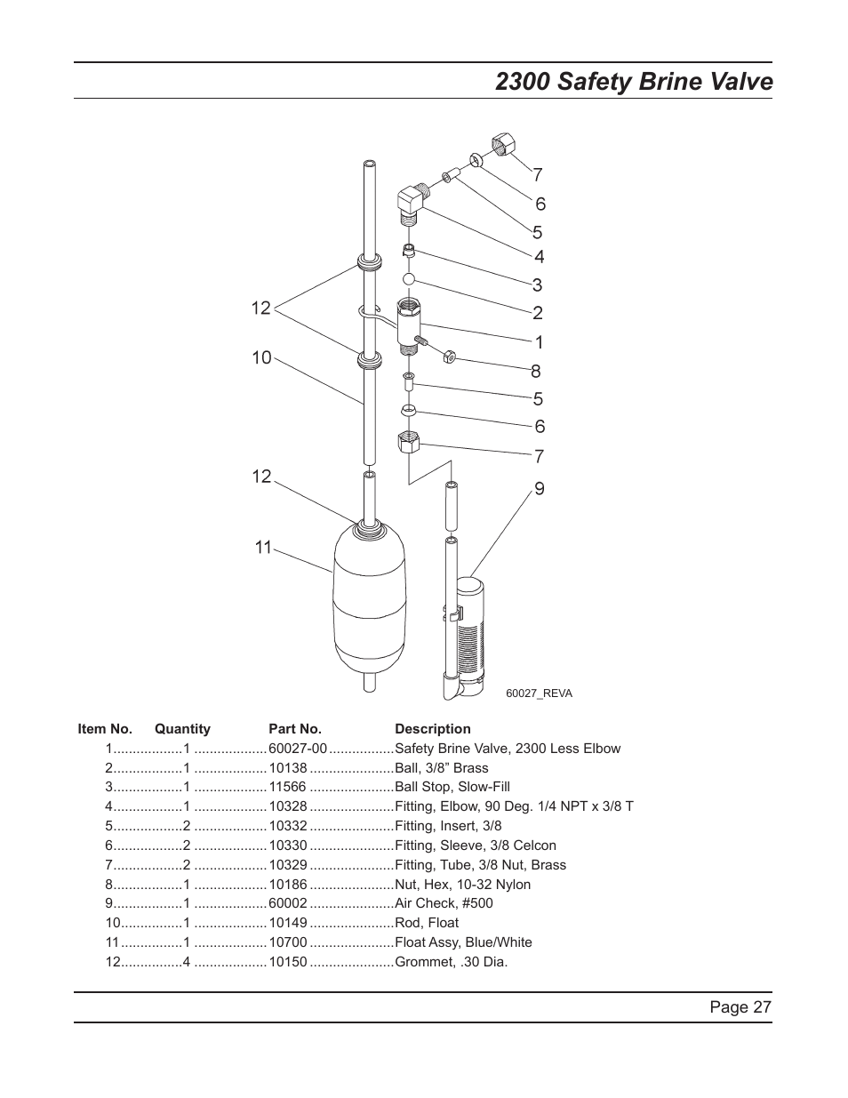 2300 safety brine valve | Hydrotech 6700 XTR Valve Downflow Automatic Water Softeners Service Manual User Manual | Page 27 / 40