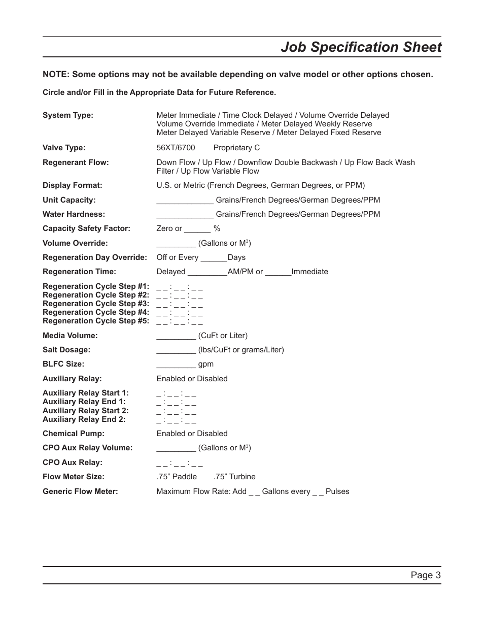 Job specification sheet | Hydrotech 6700 XTR Valve Downflow Automatic Water Softeners Service Manual User Manual | Page 3 / 40