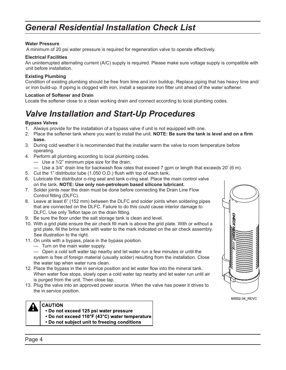 General residential installation check list, Valve installation and start-up procedures | Hydrotech 6700 XTR Valve Downflow Automatic Water Softeners Service Manual User Manual | Page 4 / 40