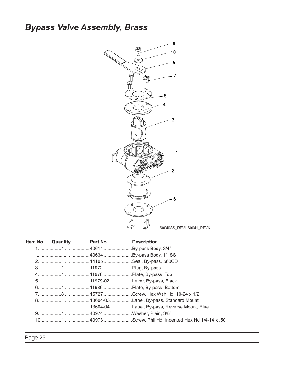 Bypass valve assembly, brass | Hydrotech 6700 XTR Valve Upflow Automatic Water Softeners Service Manual User Manual | Page 26 / 40