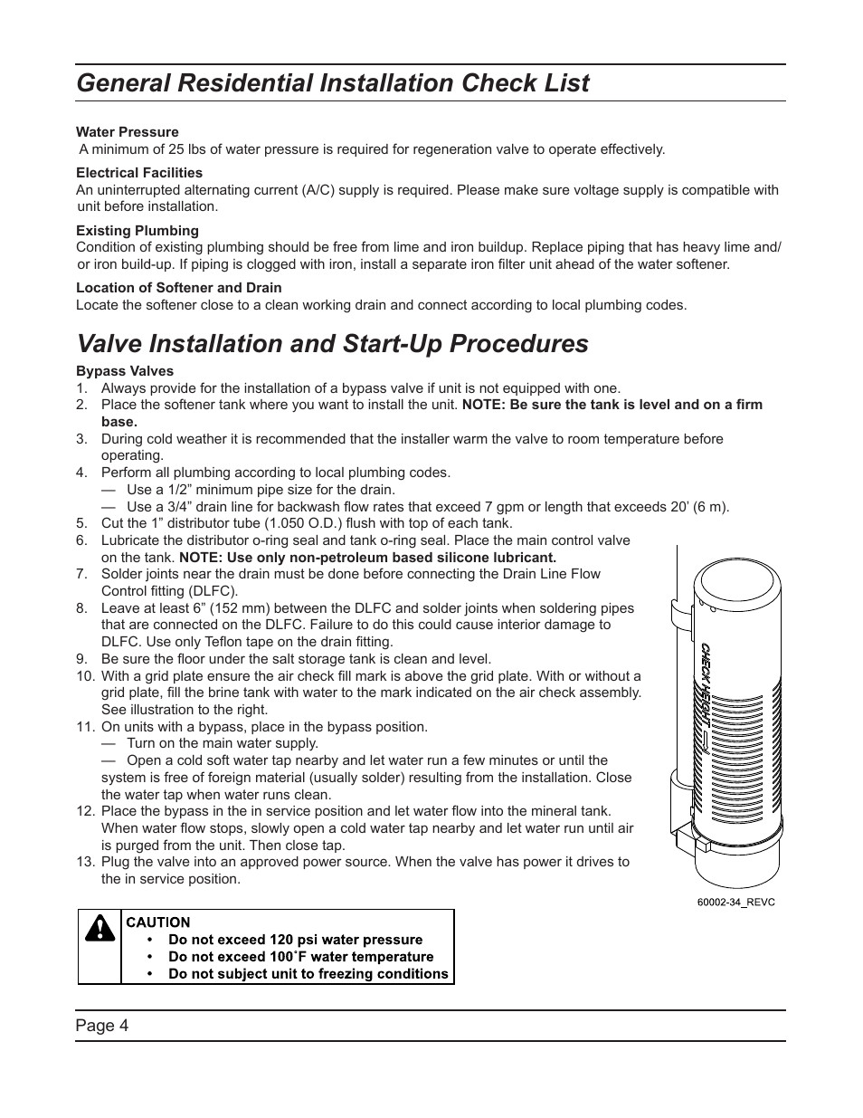 General residential installation check list, Valve installation and start-up procedures | Hydrotech 6700 XTR Valve Upflow Automatic Water Softeners Service Manual User Manual | Page 4 / 40