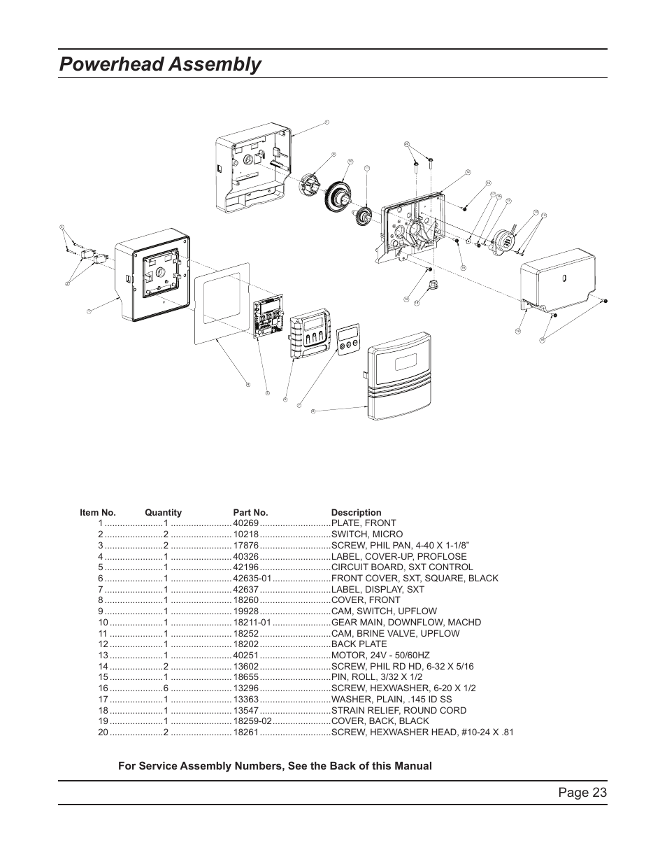 Powerhead assembly, Page 23 | Hydrotech ProFlo SXT Upﬂow Automatic Water Softeners Service Manual User Manual | Page 23 / 44