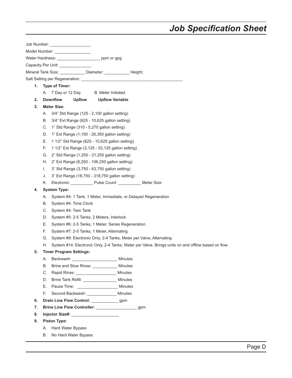 Job specifi cation sheet, Page d | Hydrotech ProFlo SXT Upﬂow Automatic Water Softeners Service Manual User Manual | Page 3 / 44