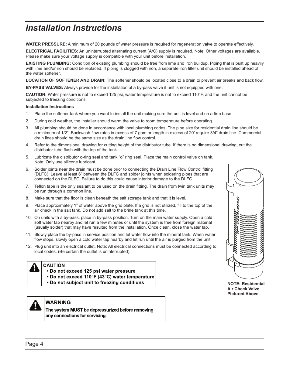 Installation instructions, Page 4 | Hydrotech ProFlo SXT Upﬂow Automatic Water Softeners Service Manual User Manual | Page 4 / 44