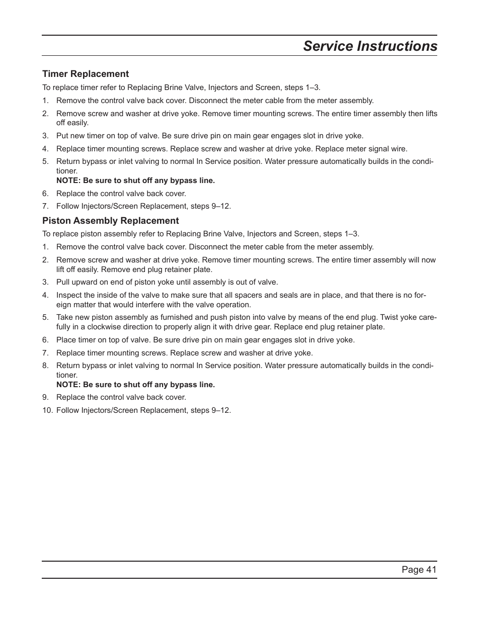 Service instructions | Hydrotech ProFlo SXT Upﬂow Automatic Water Softeners Service Manual User Manual | Page 41 / 44