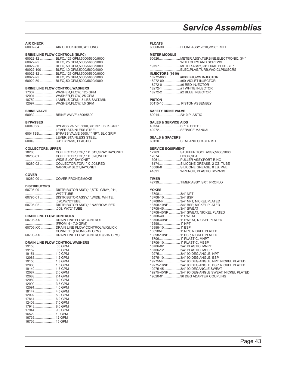 Service assemblies, Page 43 | Hydrotech ProFlo SXT Upﬂow Automatic Water Softeners Service Manual User Manual | Page 43 / 44