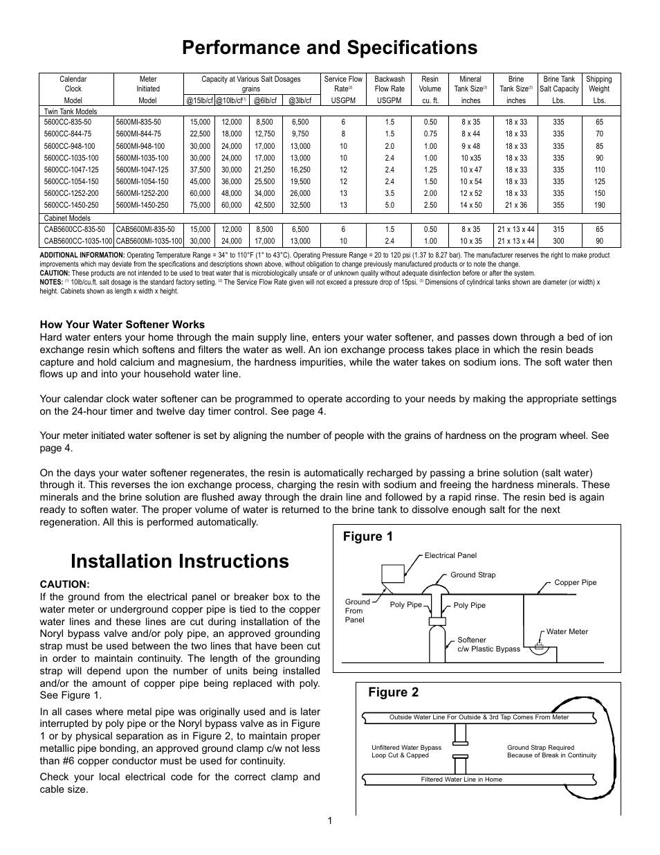 Performance and specifications, Installation instructions, Figure 2 figure 1 | How your water softener works | Hydrotech 5600 Meter Initiated_Calendar Clock Valve Automatic Water Softeners User Manual | Page 3 / 12