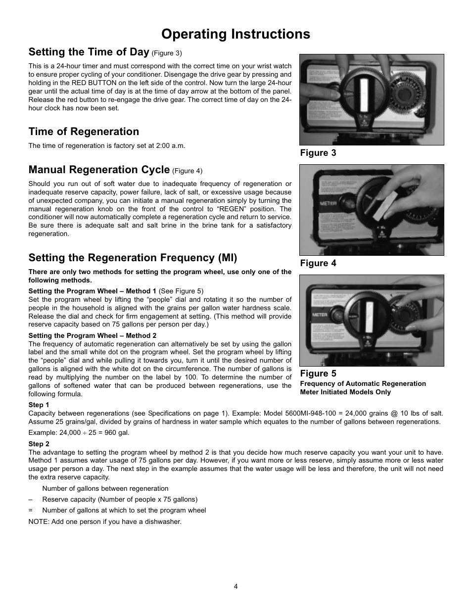 Operating instructions, Setting the time of day, Time of regeneration | Manual regeneration cycle, Setting the regeneration frequency (mi) | Hydrotech 5600 Meter Initiated_Calendar Clock Valve Automatic Water Softeners User Manual | Page 6 / 12
