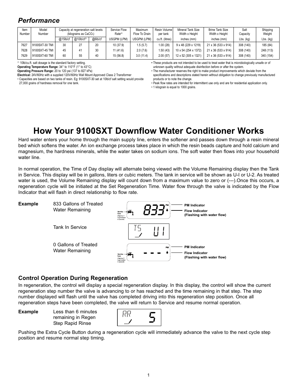 How your 9100sxt downflow water conditioner works, Performance, Control operation during regeneration | Hydrotech 9100 SXT Valve Meter Initiated Water Softener User Manual | Page 2 / 12