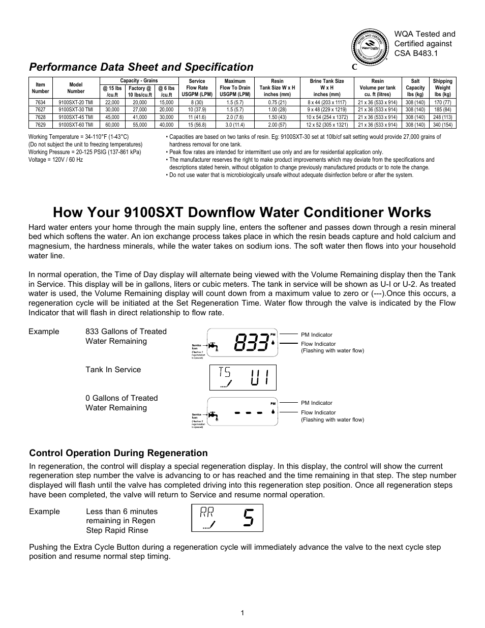 How your 9100sxt downflow water conditioner works, Performance data sheet and specification, Control operation during regeneration | Hydrotech 9100 SXT Valve Meter Initiated Water Softener User Manual | Page 3 / 16