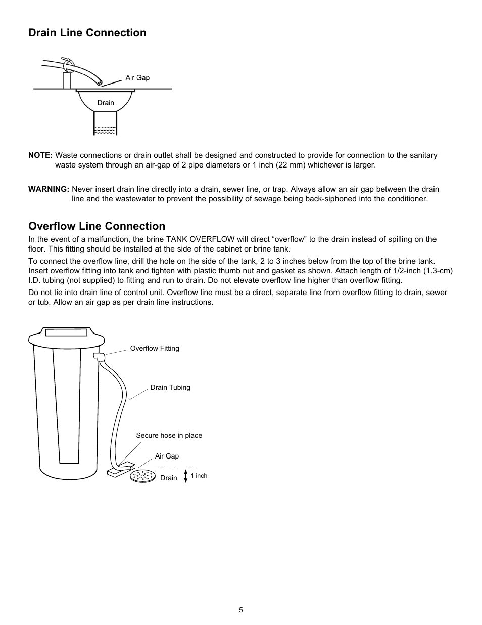 Overflow line connection, Drain line connection | Hydrotech 9100 SXT Valve Meter Initiated Water Softener User Manual | Page 7 / 16