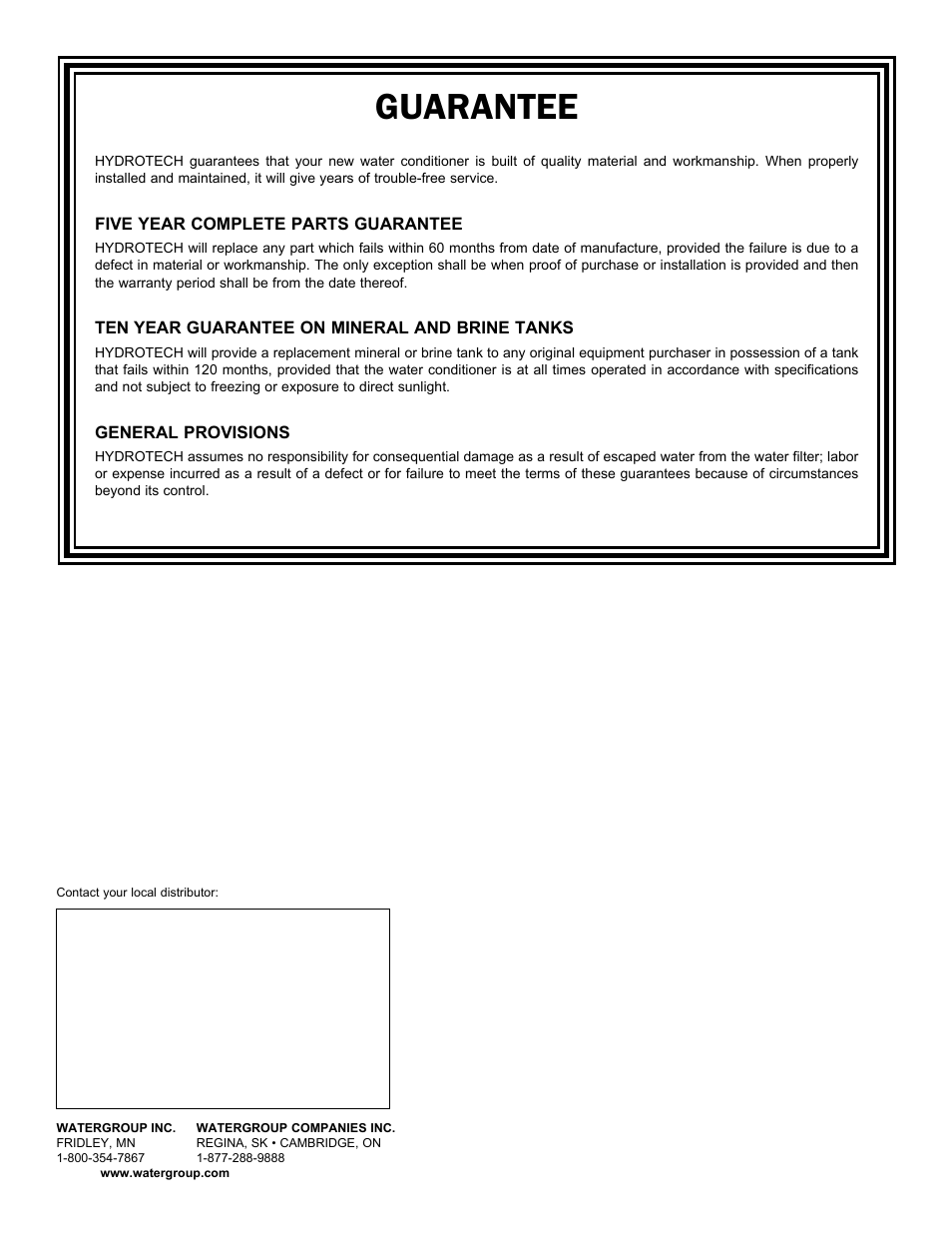 Guarantee | Hydrotech 5600 SXT Valve Water Softener User Manual | Page 16 / 16