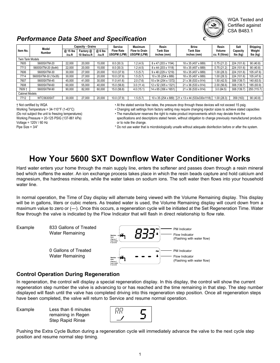 How your 5600 sxt downflow water conditioner works, Performance data sheet and specification, Control operation during regeneration | Hydrotech 5600 SXT Valve Water Softener User Manual | Page 3 / 16