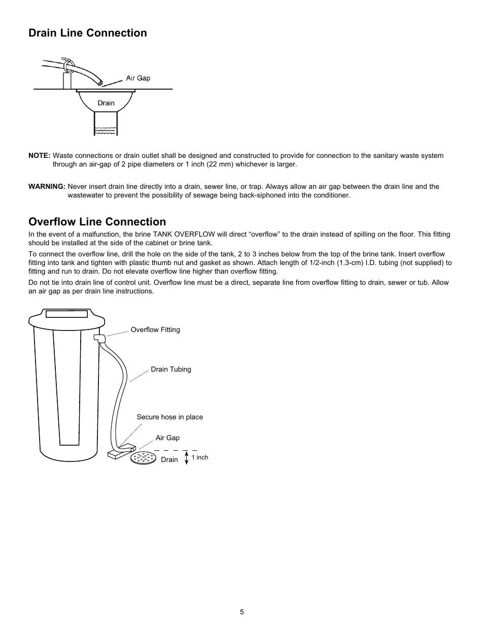 Overflow line connection, Drain line connection | Hydrotech 5600 SXT Valve Water Softener User Manual | Page 7 / 16