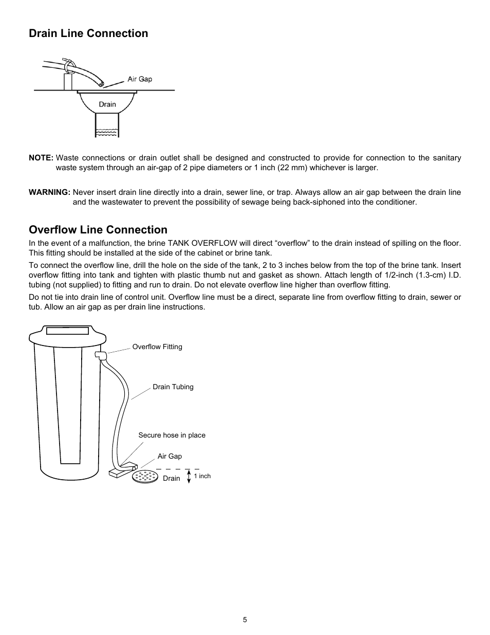 Overflow line connection, Drain line connection | Hydrotech 6700 XTR Upflow Valve Water Softener User Manual | Page 7 / 12