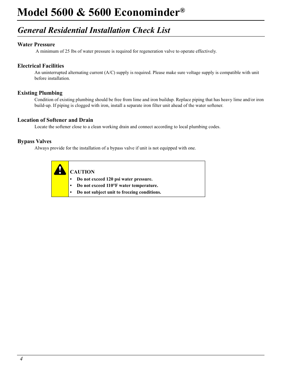 General residential installation check list | Hydrotech 5600 Econominder Service Manual User Manual | Page 4 / 36