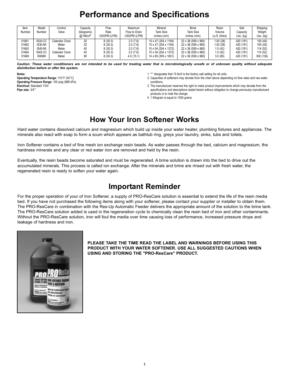 Performance and specifications, How your iron softener works, Important reminder | Hydrotech 5600 Meter Initiated_Calendar Clock Valve Iron Softener User Manual | Page 2 / 12