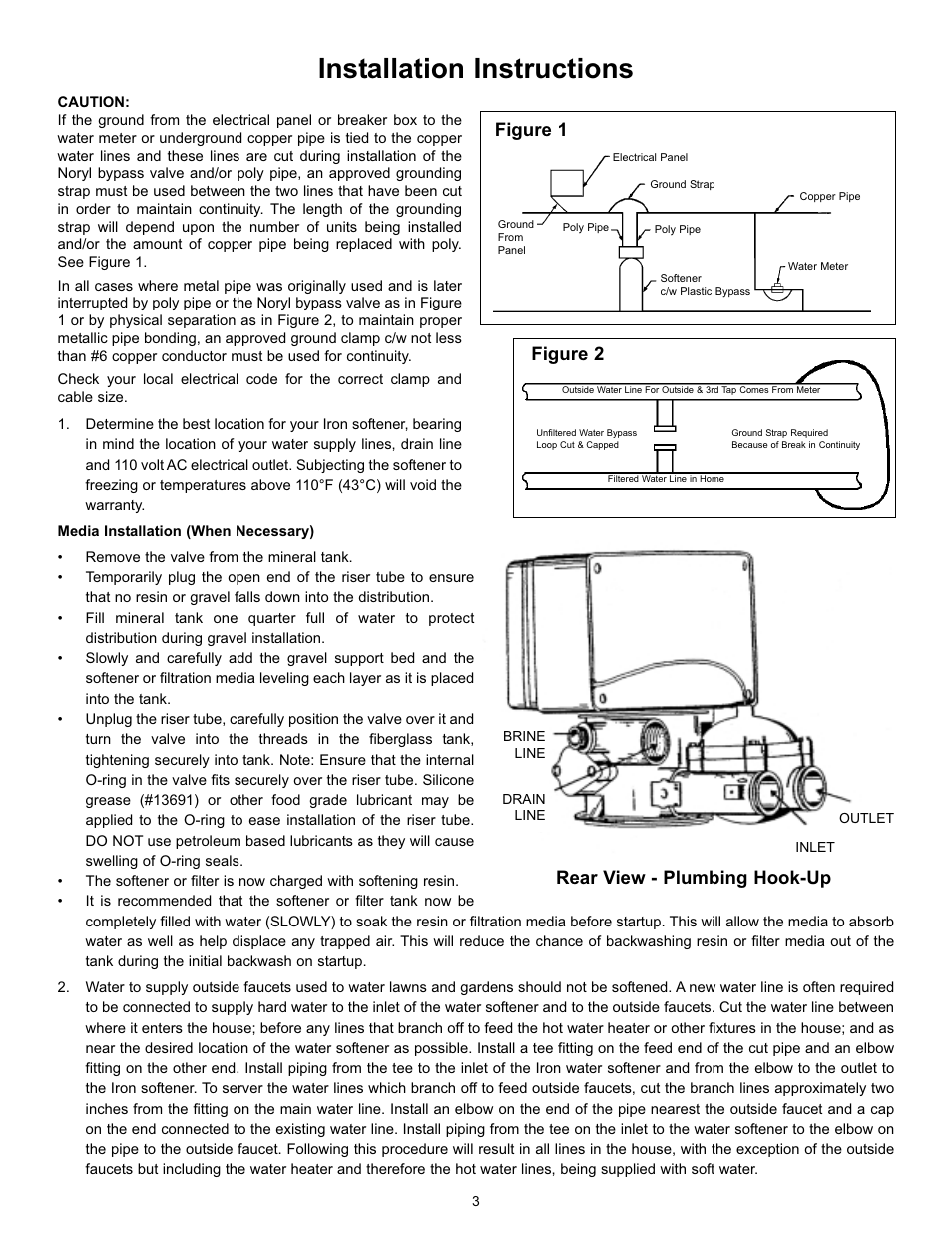 Installation instructions, Rear view - plumbing hook-up, Figure 2 figure 1 | Hydrotech 5600 Meter Initiated_Calendar Clock Valve Iron Softener User Manual | Page 4 / 12