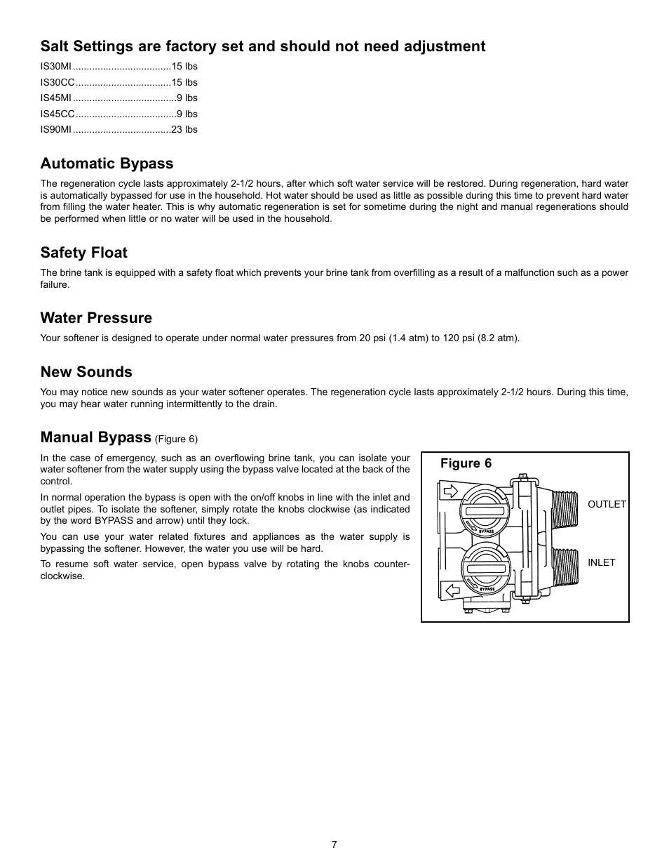 Automatic bypass, Safety float, Water pressure | New sounds, Manual bypass | Hydrotech 5600 Meter Initiated_Calendar Clock Valve Iron Softener User Manual | Page 8 / 12