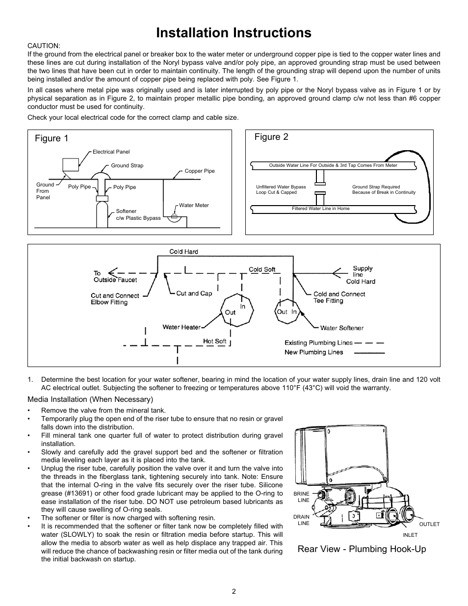 Installation instructions, Rear view - plumbing hook-up, Figure 1 | Figure 2 | Hydrotech 5600 Meter Initiated Valve Water Softener User Manual | Page 4 / 12