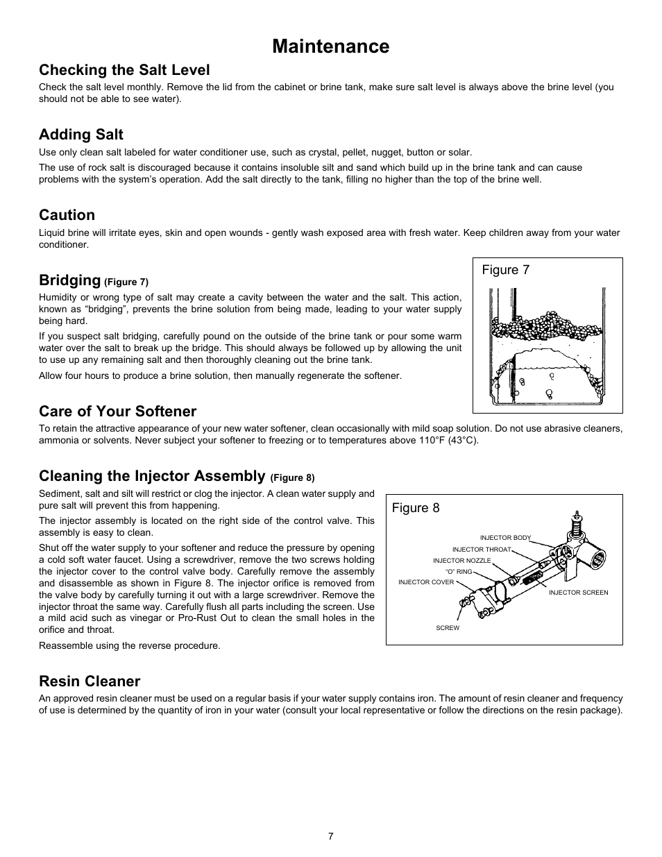 Maintenance, Checking the salt level, Adding salt | Caution, Bridging, Care of your softener, Cleaning the injector assembly, Resin cleaner | Hydrotech 5600 Meter Initiated Valve Water Softener User Manual | Page 9 / 12